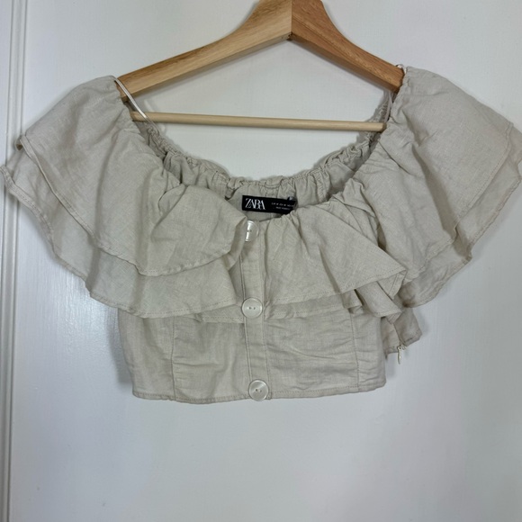 Zara Ecru Linen Blend Ruffle Crop Top - Picture 2 of 7